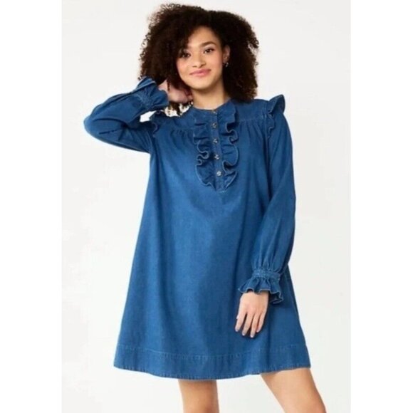 Draper James Dresses & Skirts - Draper James Dress Small Chambray Ruffle Shift Blue Denim Bell Sleeves